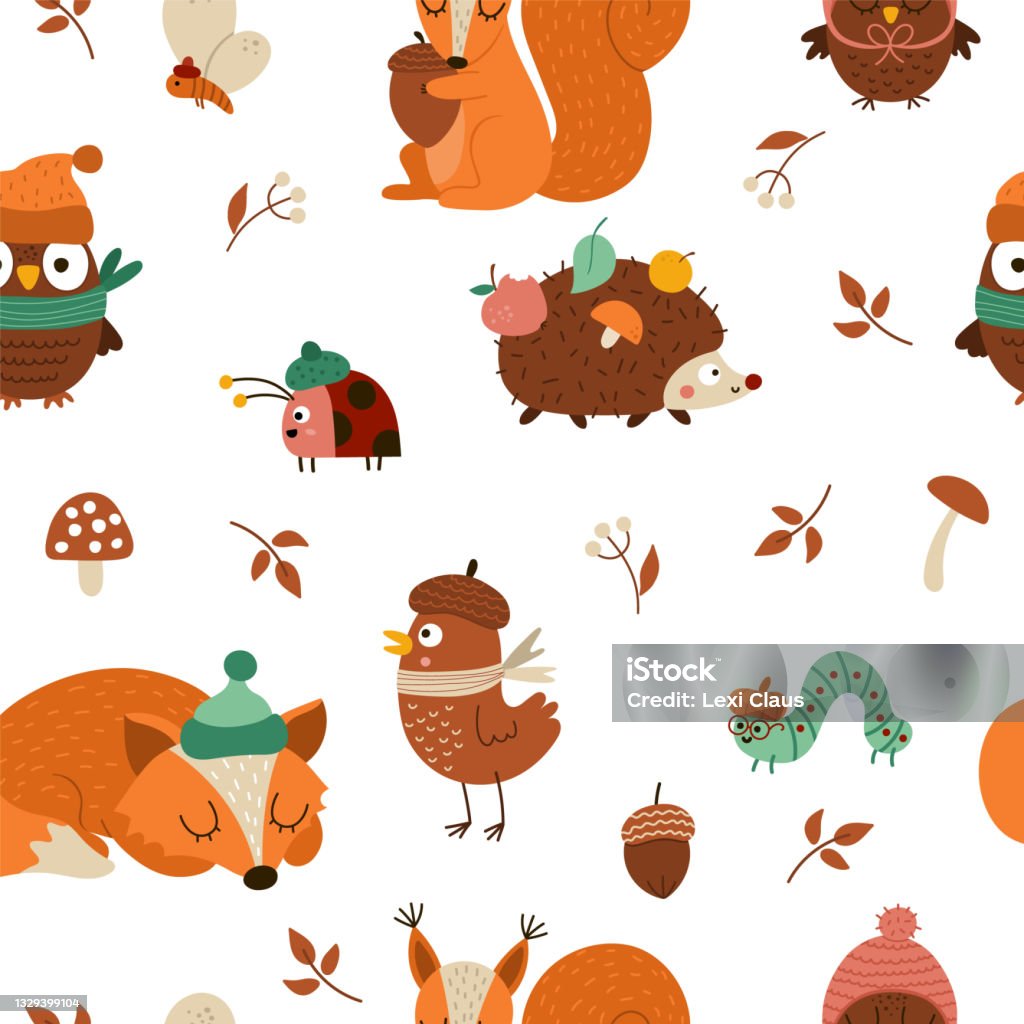 Fall Animal Patterns Vector Autumn Forest Animals And Insects Seamless Pattern Cute Repeat ...