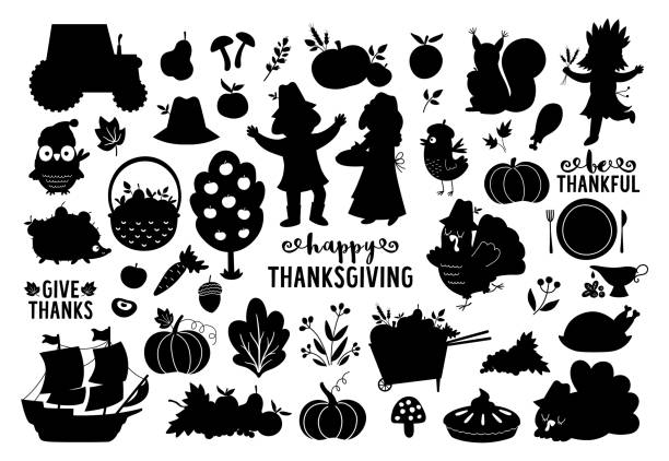 Vector Thanksgiving silhouettes set. Autumn black and white collection with cute turkey, pilgrims, pumpkins, forest animals. Fall holiday stamps pack with harvest, fruit, vegetables Vector Thanksgiving silhouettes set. Autumn black and white collection with cute turkey, pilgrims, pumpkins, forest animals. Fall holiday stamps pack with harvest, fruit, vegetables thanksgiving holiday silhouettes stock illustrations