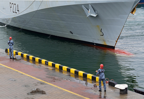 The Royal Navy River-class offshore patrol vessel HMS Trent (P224) is mooring at berth of Odessa passenger terminal while port visiting. May 18, 2021