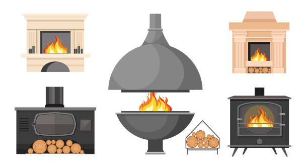 zestaw kominki, tradycyjny i nowoczesny styl kominy wewnętrzne z płonącego ognia i dzienników. ognisko domowe, system grzewczy - log fire firewood fire chimney stock illustrations