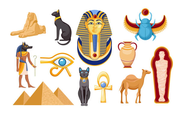 illustrazioni stock, clip art, cartoni animati e icone di tendenza di set di simboli e punti di riferimento religiosi dell'antico egitto. sfinge, scarabeo e cammello, mummia, occhio della provvidenza, icone egiziane - egypt camel pyramid shape pyramid