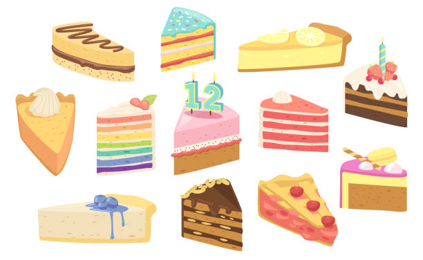 ilustrações de stock, clip art, desenhos animados e ícones de set birthday cakes dessert pieces with candles, fruits or berries. confectionery sweet production pies, pastry, bakery - birthday cupcake pastry baking