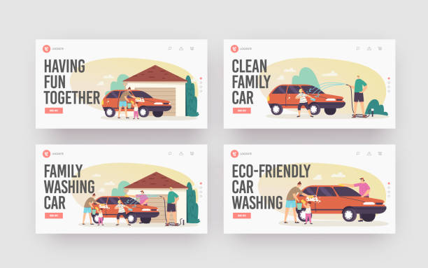 family wash car landing page template set. glückliche charaktere waschen auto im hinterhof. wochenendarbeiten, haushaltsaktivität - flower sketch yard front or back yard stock-grafiken, -clipart, -cartoons und -symbole