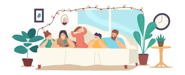 Vector illustration of Family Characters Mother, Father and Kids Lying Under Blanket on Bed in Cozy Room Decorated with Lighting Garland