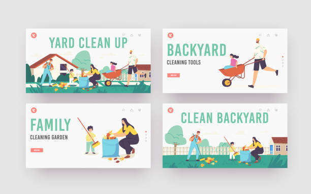 zestaw szablonów strony docelowej wyczyść stocznię. postacie rodzinne sprzątanie podwórko zabawy razem, zbieranie liści - garden waste stock illustrations