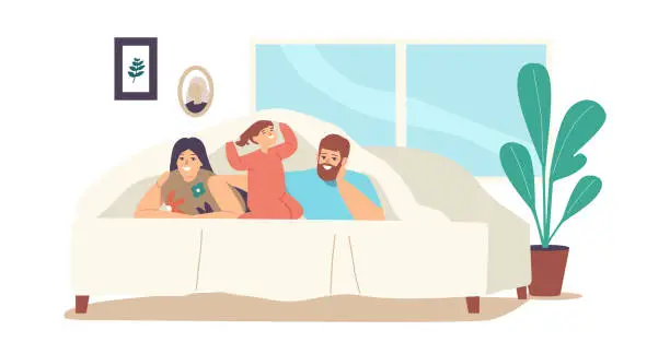 Vector illustration of Happy Family Characters Mother, Father and Little Daughter Lying Under Blanket on Bed in Room Decorated with Garland