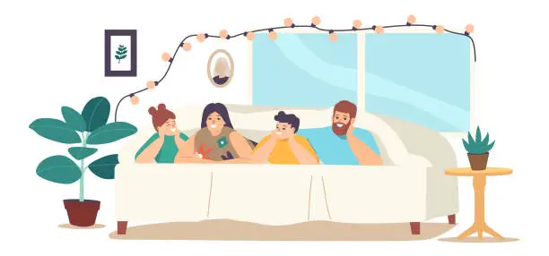 Vector illustration of Happy Family Sparetime, Sweet Life Moments. Parents and Children Relax at Home. Characters Lying Under Blanket on Bed