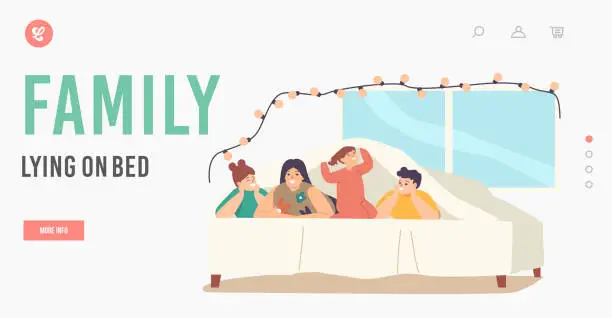 Vector illustration of Family Lying on Bed Landing Page Template. Happy Sparetime, Mother with Teen Children and Little Baby Under Blanket