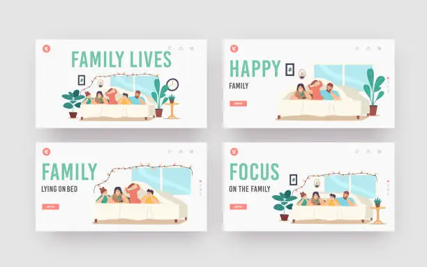 Vector illustration of Family Lives Landing Page Template Set. Characters Mother, Father and Kids Lying Under Blanket on Bed in Cozy Room