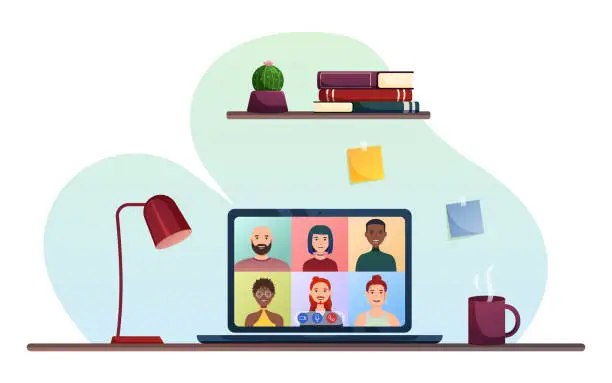 Vector illustration of Online conference of a group of people. Online meeting, distance learning, work from home. Laptop screen with video call. Vector illustration flat design concept video conference