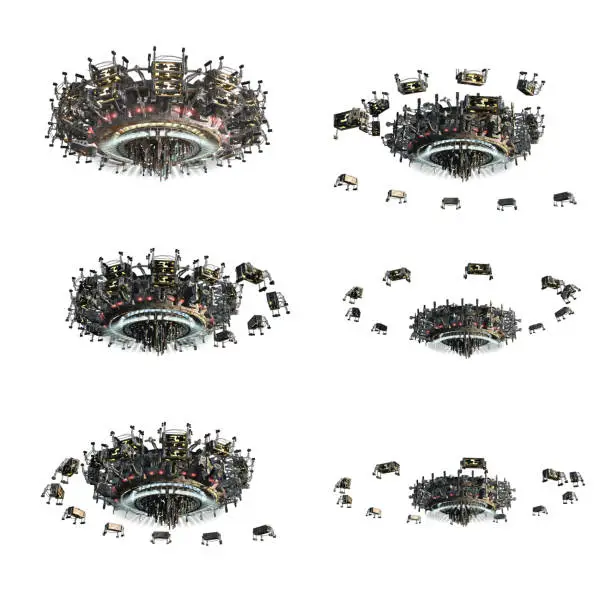 Collage of 3D spaceship instances with swarming drones, with the clipping path included in the illustration, for science fiction or video game backgrounds.
