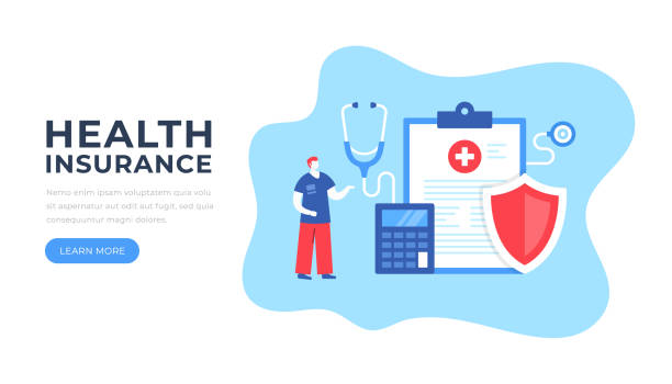 Health insurance. Doctor and clipboard with insurance claim form, shield, calculator and stethoscope. Medical insurance, health coverage, cost, insurance benefits, health plan concepts. Flat design. Vector illustration Health insurance. Doctor and clipboard with insurance claim form, shield, calculator and stethoscope. Medical insurance, health coverage, cost, insurance benefits, health plan concepts. Flat design. Vector illustration insurer stock illustrations