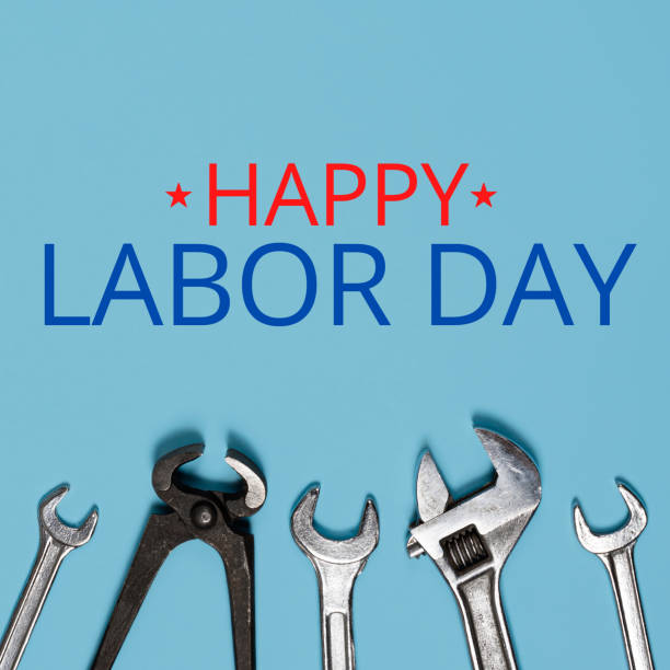 istock Happy labor day concept. Banner with Different wrenches on blue background 1329406888