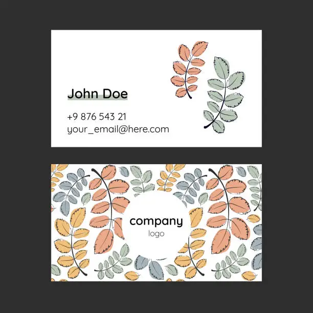 Vector illustration of Doodle art template for business card with hand drawn autumn leaves. Delicate trendy colors, natural motif