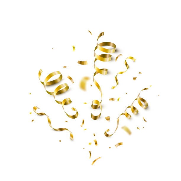 ilustrações, clipart, desenhos animados e ícones de confetes de ouro, fitas serpentinas isoladas no fundo vetorial branco. explosão de tinsel de glitter em estilo realista 3d para aniversário, festa, carnaval - serpentina