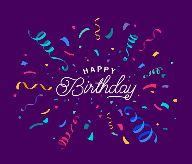 stockillustraties, clipart, cartoons en iconen met birthday vector background with colorful confetti and serpentine ribbons isolated on dark backdrop at the center. lettering script greeting text sign. festive illustration in flat modern simple style - feest