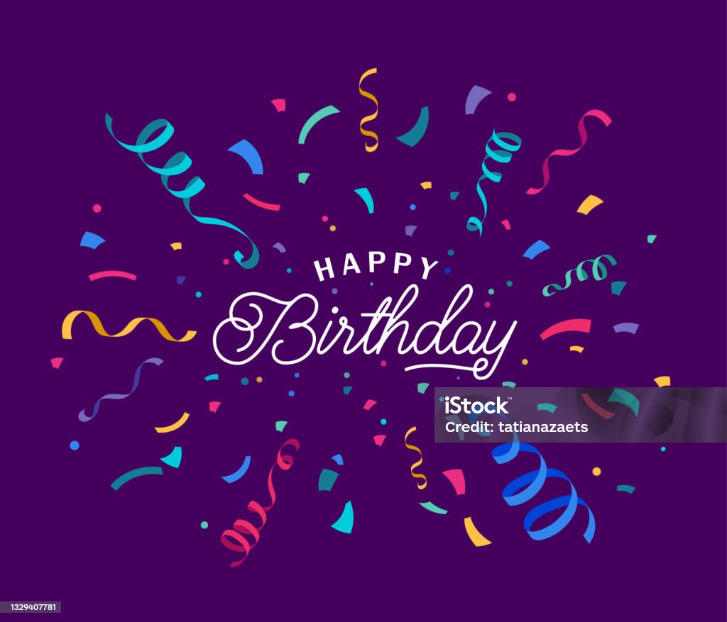 Birthday vector background with colorful confetti and serpentine ribbons isolated on dark backdrop at the center. Lettering script greeting text sign. Festive illustration in flat modern simple style Birthday vector background with colorful confetti and serpentine ribbons isolated on dark backdrop at the center. Lettering script greeting text sign. Festive illustration in flat modern simple style. Birthday stock vector