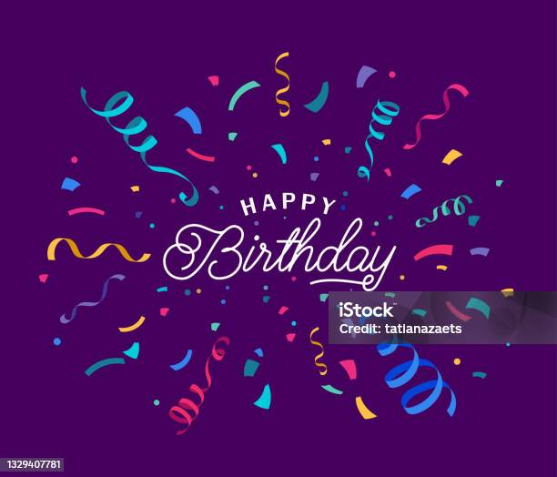 Birthday Vector Background With Colorful Confetti And Serpentine Ribbons Isolated On Dark Backdrop At The Center Lettering Script Greeting Text Sign Festive Illustration In Flat Modern Simple Style Stock Illustration - Download Image Now
