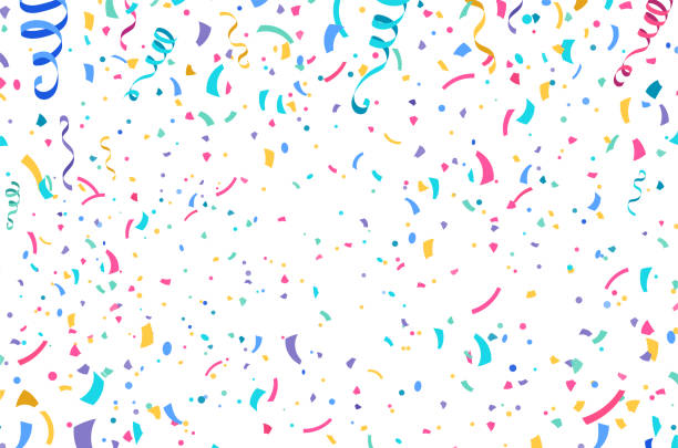 Colorful confetti and serpentine ribbons flying at the air. Streamers, tinsel vector pattern background in simple flat cartoon modern style Colorful confetti and serpentine ribbons flying at the air. Streamers, tinsel vector pattern background in simple flat cartoon modern style. streamers and confetti stock illustrations