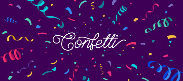 ilustrações de stock, clip art, desenhos animados e ícones de confetti vector banner background with colorful serpentine ribbons, place for yours text at the center. anniversary, celebration, greeting illustration in flat simple cartoon style with fun explosion - streamer celebration anniversary backgrounds