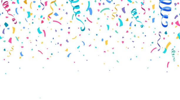 istock Colorful confetti and serpentine ribbons falling from above. Streamers, tinsel vector seamless frame border background in simple flat cartoon modern style 1329407789