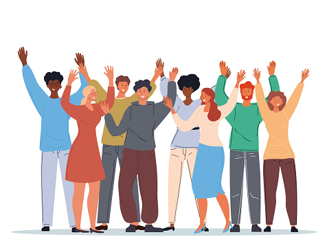Group of Diverse Multiracial Smiling People Standing with Raised Hands. Young Multiethnic Happy Men and Women Having Fun or Celebrating. Flat Cartoon Vector Illustration Isolated on White Background