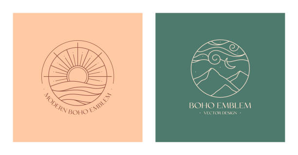 Set of vector linear boho emblems.Bohemian logo designs with sea,sun,mountains and moon Set of vector linear boho emblems.Bohemian logo designs with sea,sun,mountains and moon.Modern celestial icons or symbols in trendy minimalist style.Branding design templates. cloud outline background stock illustrations