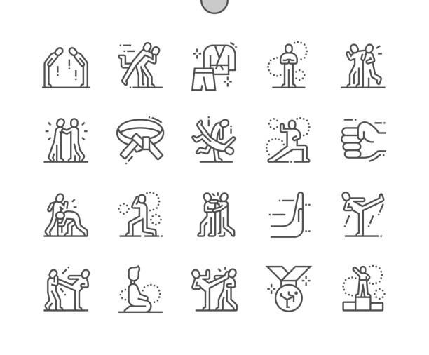 Jiu jitsu. Punch face. Protection position. Karate, fighter, sport, taekwondo and fight. Pixel Perfect Vector Thin Line Icons. Simple Minimal Pictogram Jiu jitsu. Punch face. Protection position. Karate, fighter, sport, taekwondo and fight. Pixel Perfect Vector Thin Line Icons. Simple Minimal Pictogram martial arts stock illustrations