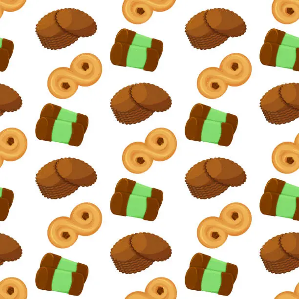 Vector illustration of Seamless pattern with traditional swedish sweets. Chokladboll, lussekatt, dammsugare and pepparkakor (ginger cookies). Vector illustration in the cartoon style. Vector illustration