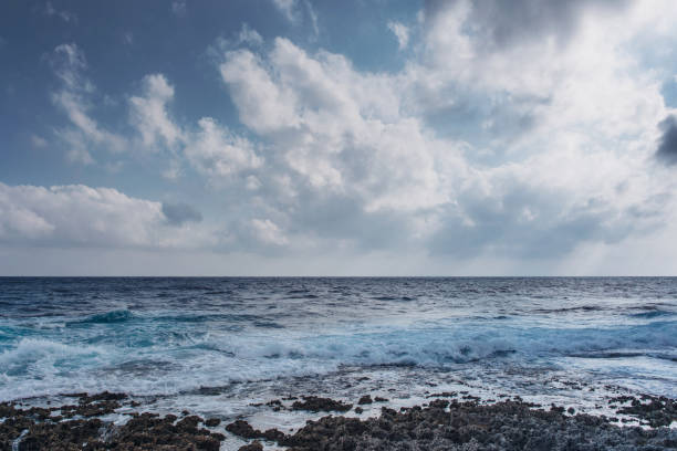 Sea waves crash on the rough rocky shore.