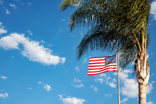 istock Blue sky with American flag and copy space 1329414476