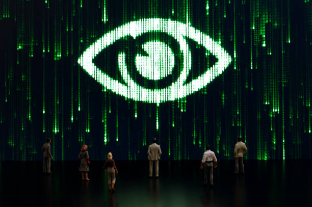 Matrix: Big brother is watching you Businessman/politician figurines examine a matrix style eye. Artificial intelligence/technology/digital age concept dystopia concept photos stock pictures, royalty-free photos & images
