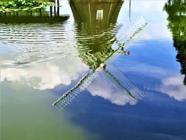 istock Japan. June. Windmill reflecting in the pond. 1329421633