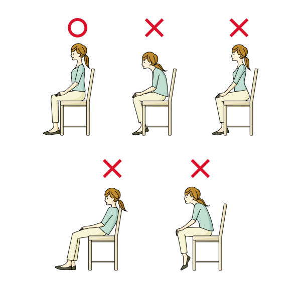 женщина, сидящая в кресле с хорошей и плохой осанкой - sitting upright stock illustrations