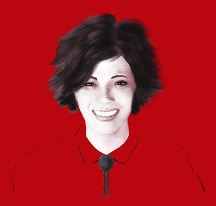 Picturesque illustration of a smiling woman on a red background - a symbol of  freedom, happiness