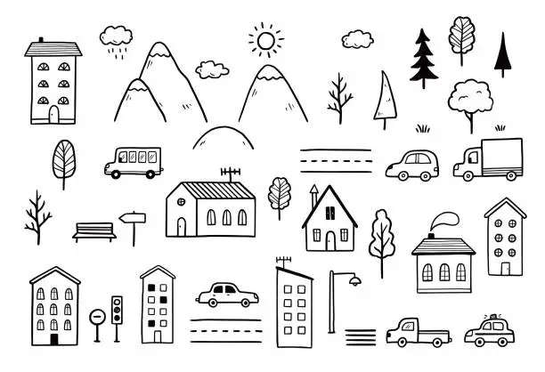 Vector illustration of City map with house, landscape element.