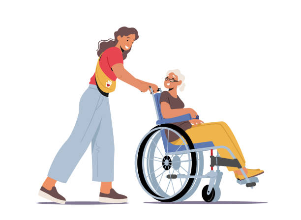 ilustraciones, imágenes clip art, dibujos animados e iconos de stock de carácter voluntario ayuda a las personas mayores en un hogar de ancianos. joven trabajadora social cuidado de una mujer mayor enferma que conduce en silla de ruedas - anciano