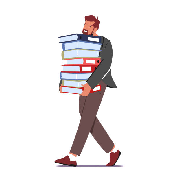 Overworked Businessman Carry Huge Steak of Documents Folders. Workaholic Office Character, Employee Overload at Work Overworked Businessman Carry Huge Steak of Documents Folders. Workaholic Office Character, Employee Overload at Work, Busy Manager at Workplace with Paper Heap. Cartoon People Vector Illustration file clerk stock illustrations