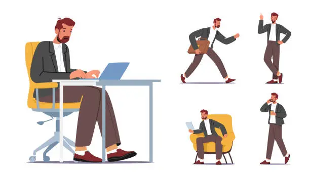 Vector illustration of Set Businessman Work in Office Sitting at Desk with Laptop, Late, Having Creative Idea, Reading Report and Talk by Phone