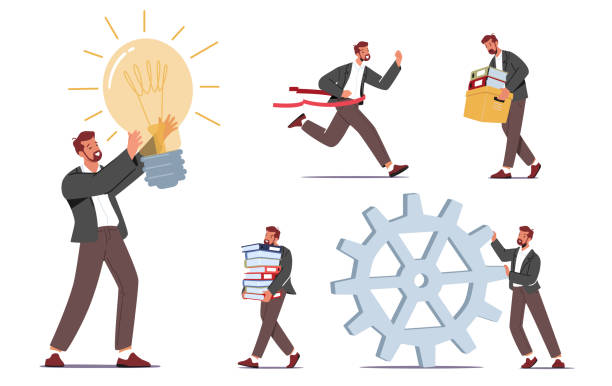 Set Businessman Character Daily Routine, Office Lifestyle and Activity. Business Man with Light Bulb and Huge Cogwheel Set Businessman Character Daily Routine, Office Lifestyle and Activity. Business Man with Light Bulb and Huge Cogwheel, Race Competition, Overworked Man Paperwork. Cartoon People Vector Illustration file clerk stock illustrations