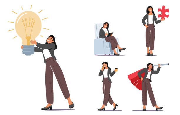 스마트 폰으로 말하는 사업가 캐릭터 매일 말하기 설정, 창조적 인 아이디어 개발, 팀워크 협력 - businesswoman stock illustrations