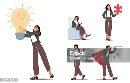 istock Set Businesswoman Character Daily Routine Speaking by Smartphone, Develop Creative Idea, Teamwork Cooperation 1329425371