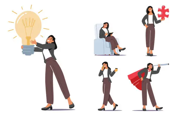 Vector illustration of Set Businesswoman Character Daily Routine Speaking by Smartphone, Develop Creative Idea, Teamwork Cooperation