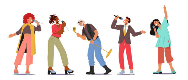 illustrations, cliparts, dessins animés et icônes de set of young people dancing and singing in karaoke club concept. des personnages masculins et féminins chantent avec des microphones - suing