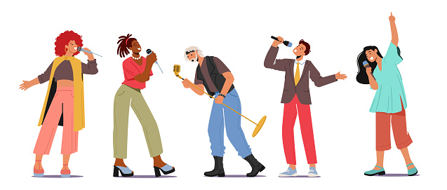 Set of Young People Dancing and Singing in Karaoke Club Concept. Male and Female Characters Sing with Microphones Performing on Stage. Creative Hobby, Vocal Recreation. Cartoon Vector Illustration