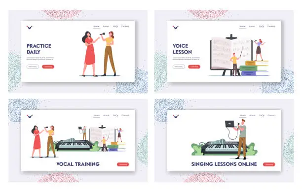 Vector illustration of Vocal Training Landing Page Template Set. Characters Take Musical Lessons Voice and Singing Songs. People Develop Talent
