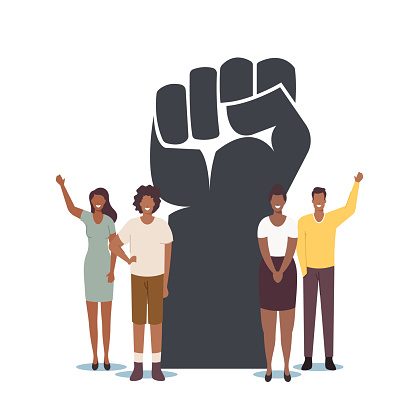 Social Concept. Tiny Black Characters around of Huge Raised Hand. Equality Campaign Against Racial Discrimination of People with Dark Skin Color. Cartoon Vector Illustration