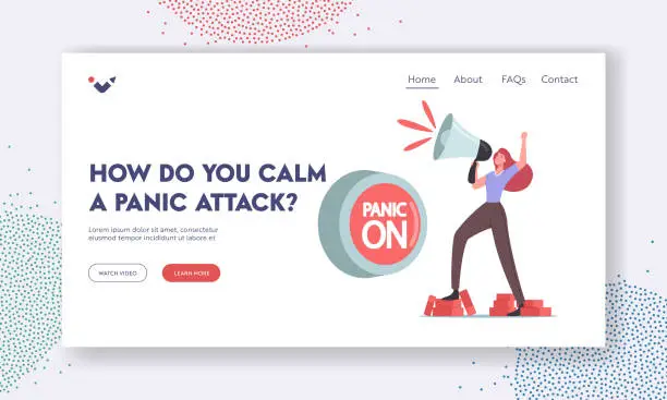 Vector illustration of Panic Attack Landing Page Template. Tiny Female Character Yell to Loudspeaker at Huge Button Panic On. Mental Disorder