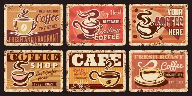 Vector illustration of Coffee shop metal rusty plates, cafe retro posters
