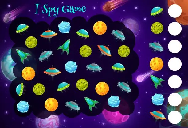 Vector illustration of I spy kids game with cartoon space ships, planets